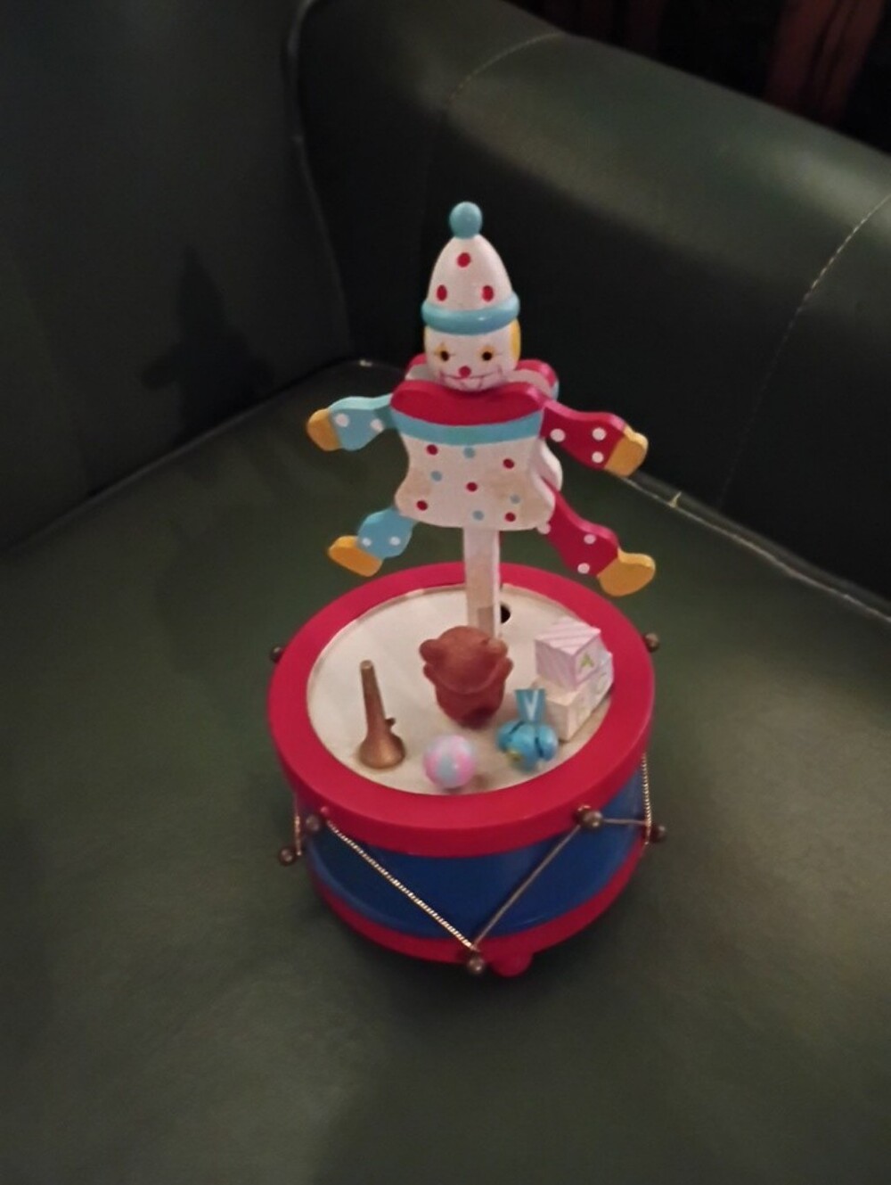 Vintage Enesco Wooden Music Box Clown - Red & Blue Toy